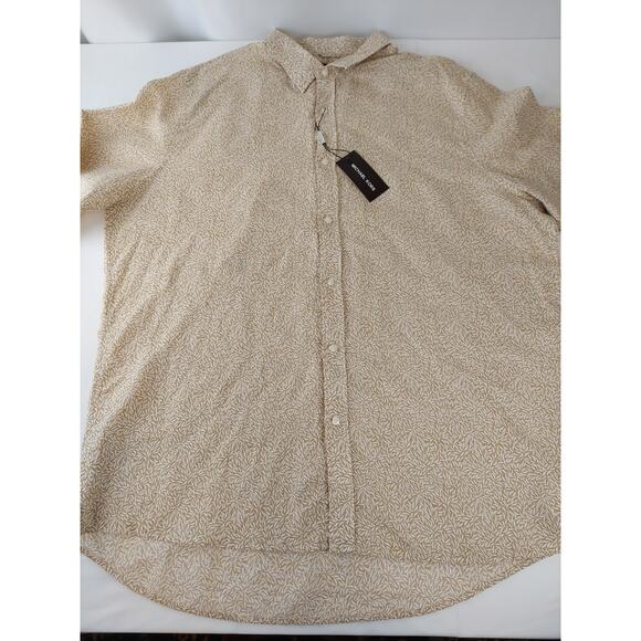 Michael Kors NWT Linen Blend Leaf Print Mens Button Up Shirt Beige XXL - Picture 2 of 8